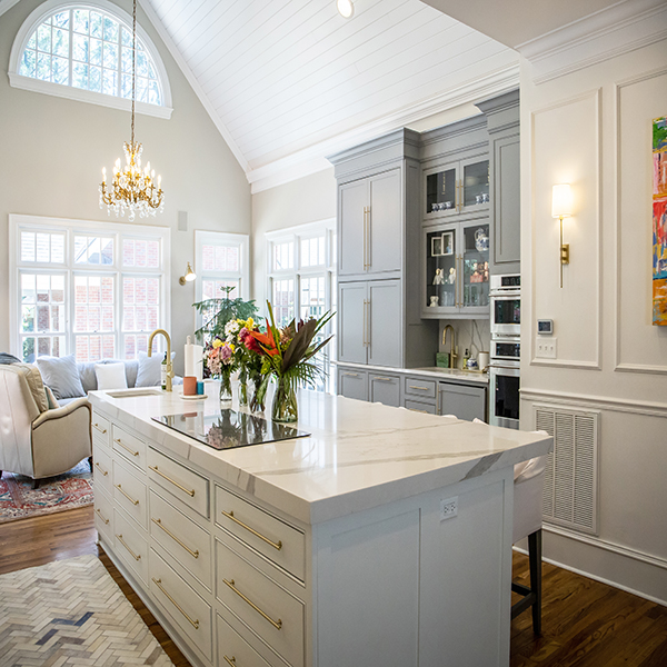 white kitchen, open space and large windows