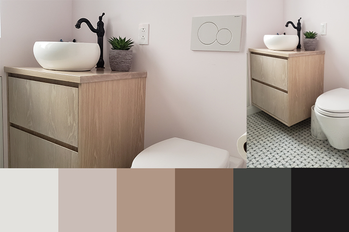 Modern floating bathroom vanity with light wood finish, vessel sink, and matte black faucet